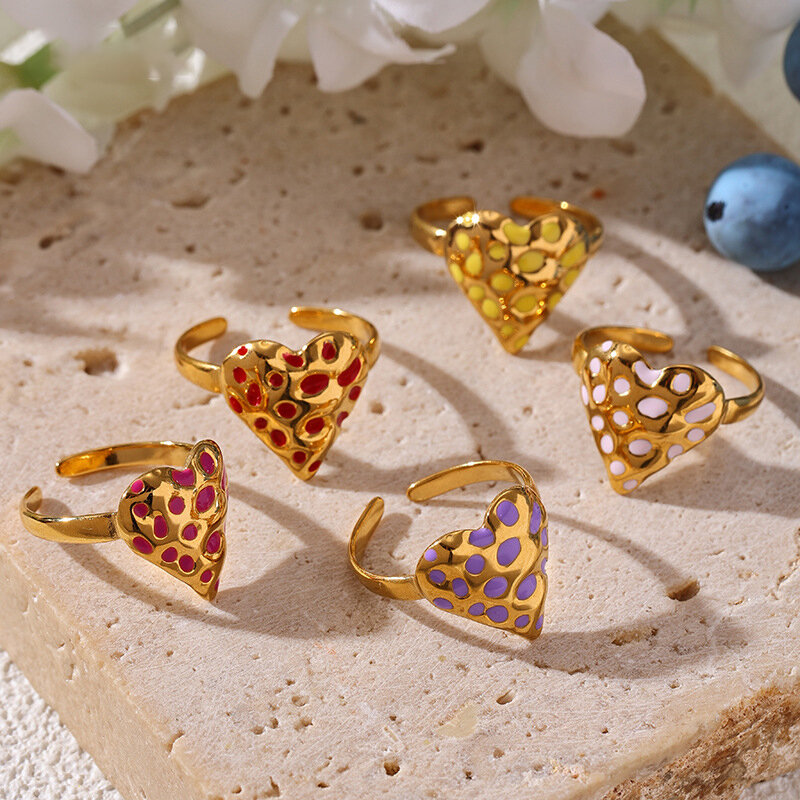 Retro Enamel Heart Stainless Steel Waterproof Gold Color Statement Rings h5 Picture3