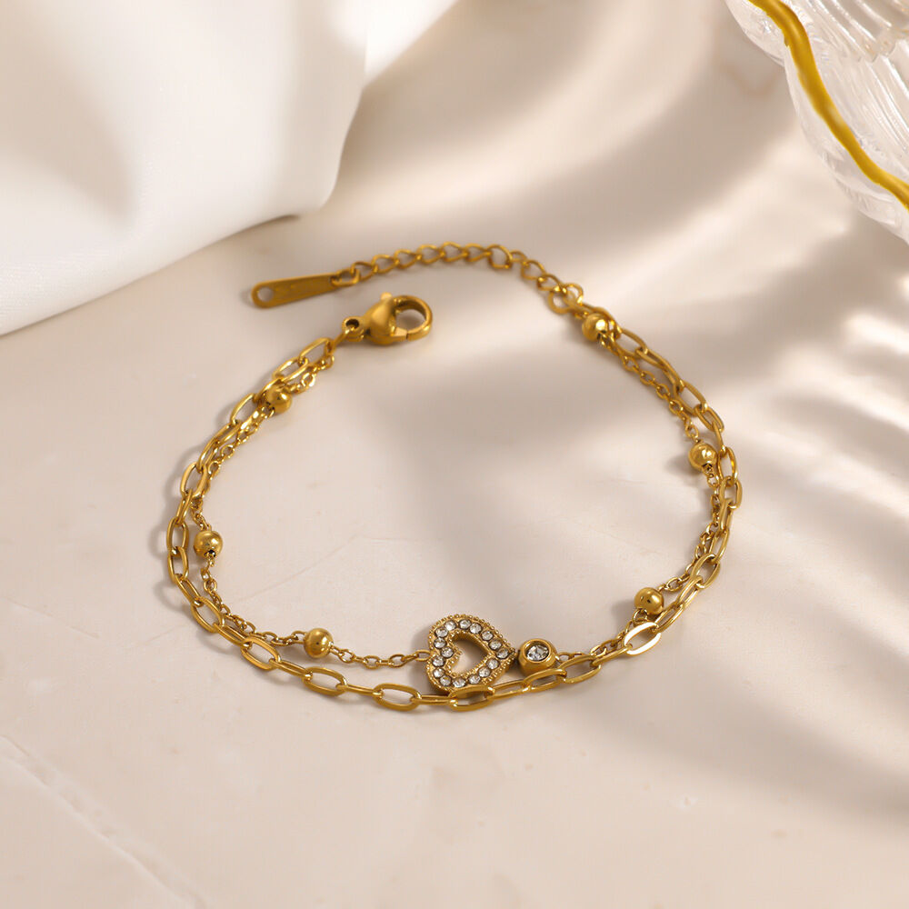 Simple Series Elegant Heart Circle Stainless Steel Waterproof Gold Color Zircon Women's Chain Bracelets