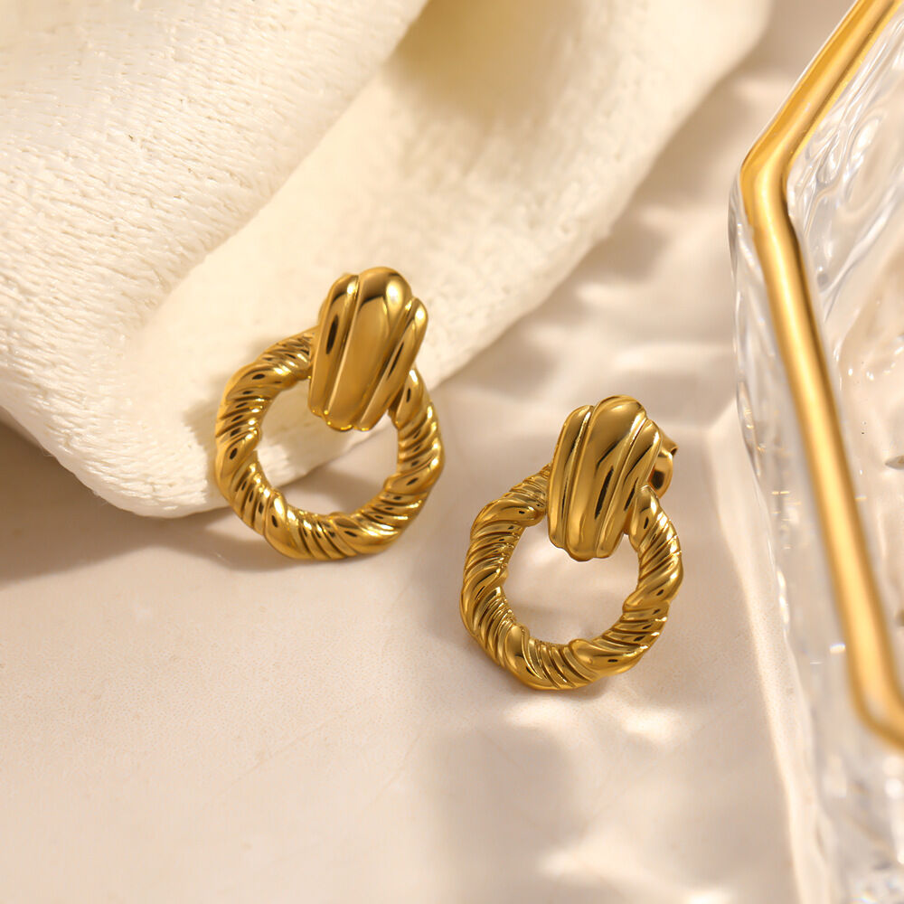 Simple Daily Circle Thread Stainless Steel Waterproof Gold Color Zircon Women's Stud Earrings