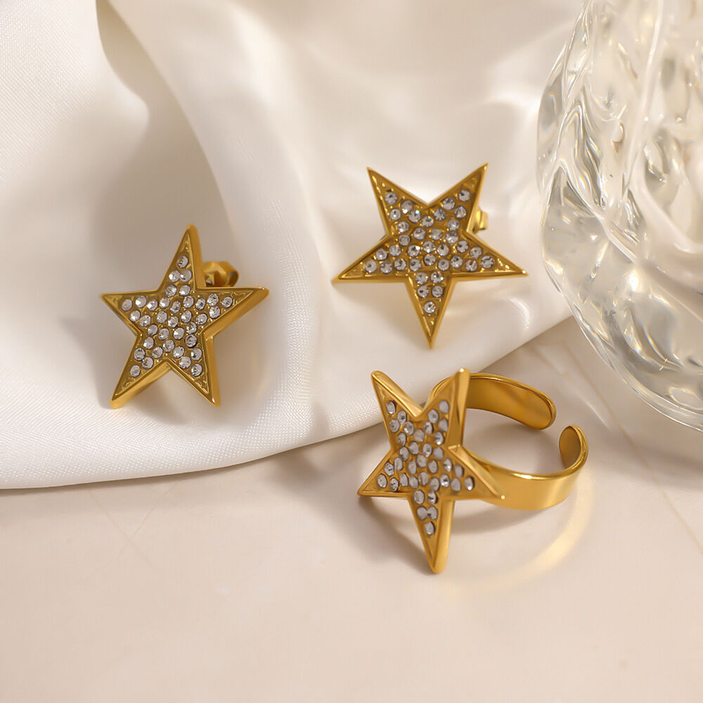 Simple Series Casual Star Stainless Steel Waterproof Gold Color Zircon Women's Jewelry Sets