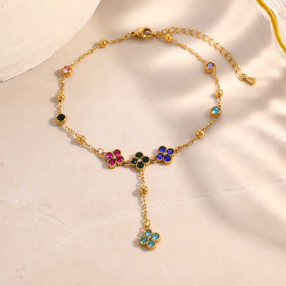 Elegant Flower Stainless Steel Waterproof Gold Color Zircon Anklets