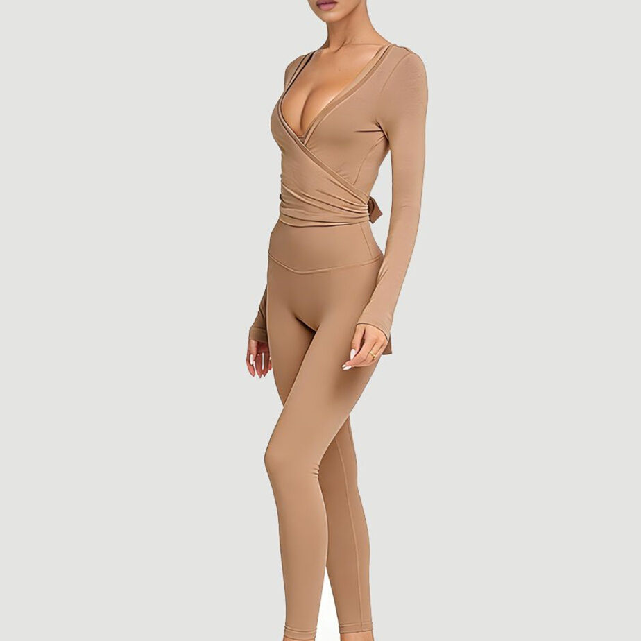 V Neck Tie Strap Ballet Style Solid Color Sports Tops