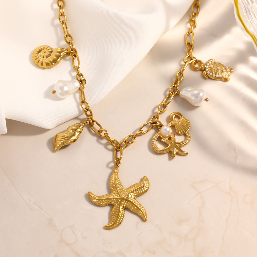 Vacation Oceanic Style Shell Starfish Stainless Steel Waterproof Gold Color Women's Pendant Necklaces