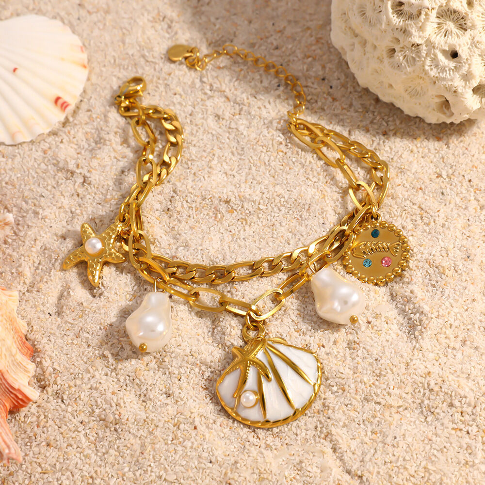 Romantic Series Vacation Oceanic Style Shell Stainless Steel Waterproof Gold Color Women's Charm Bracelets