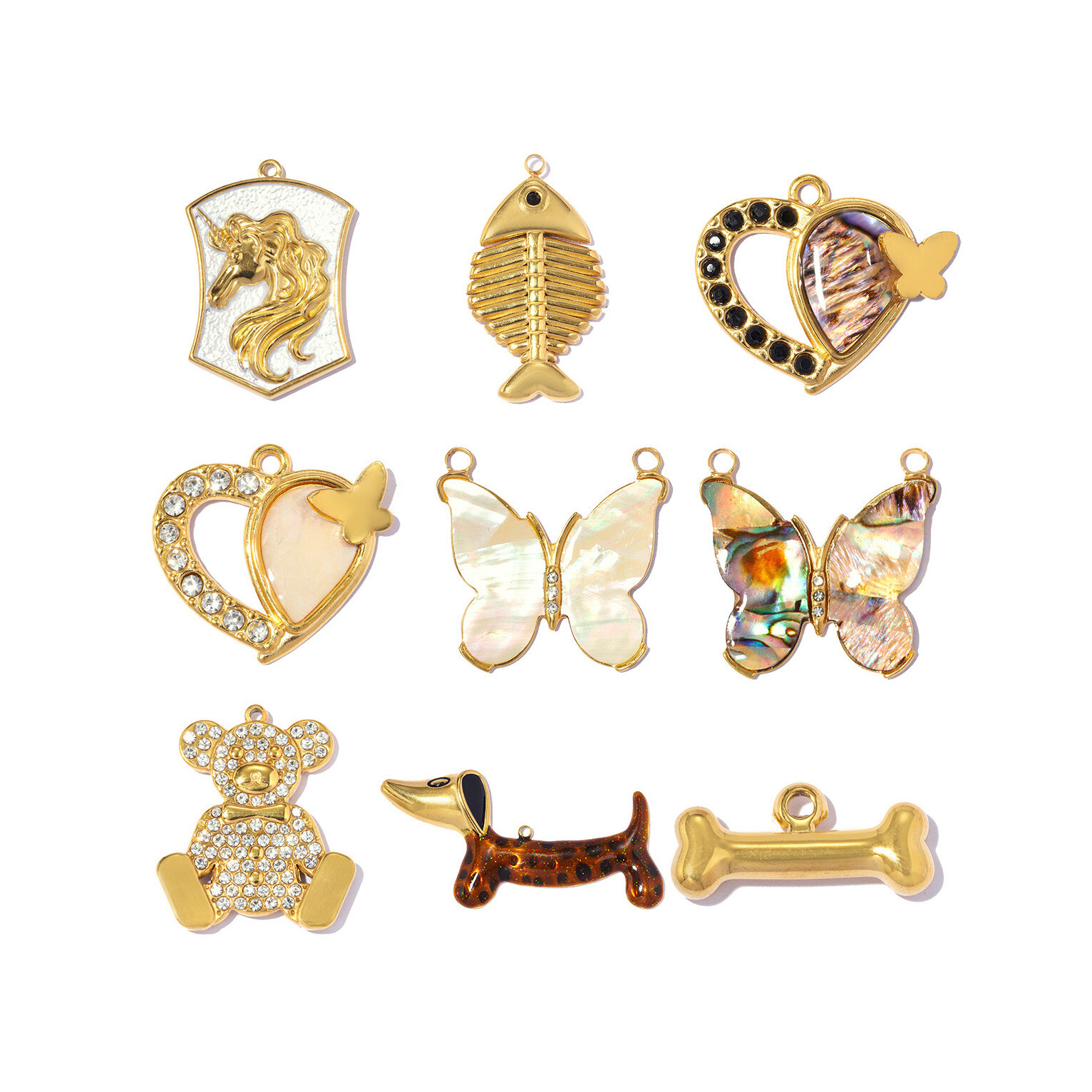 Colgantes de mujer con diseño de carrusel, caballo, corazón y mariposa, de acero inoxidable, resistentes al agua y color dorado.