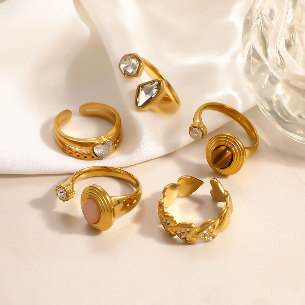 Anillos llamativos de acero inoxidable con circonita color oro, forma irregular y corazón, de la serie Simple Daily Flower, resistentes al agua.