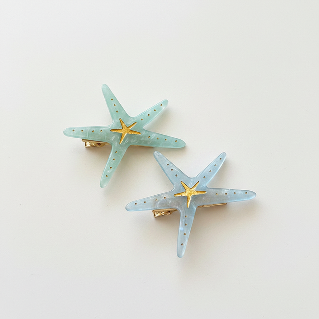 Pinzas para el cabello de acetato con forma de estrella de mar, de color liso natural, de la serie Romantic