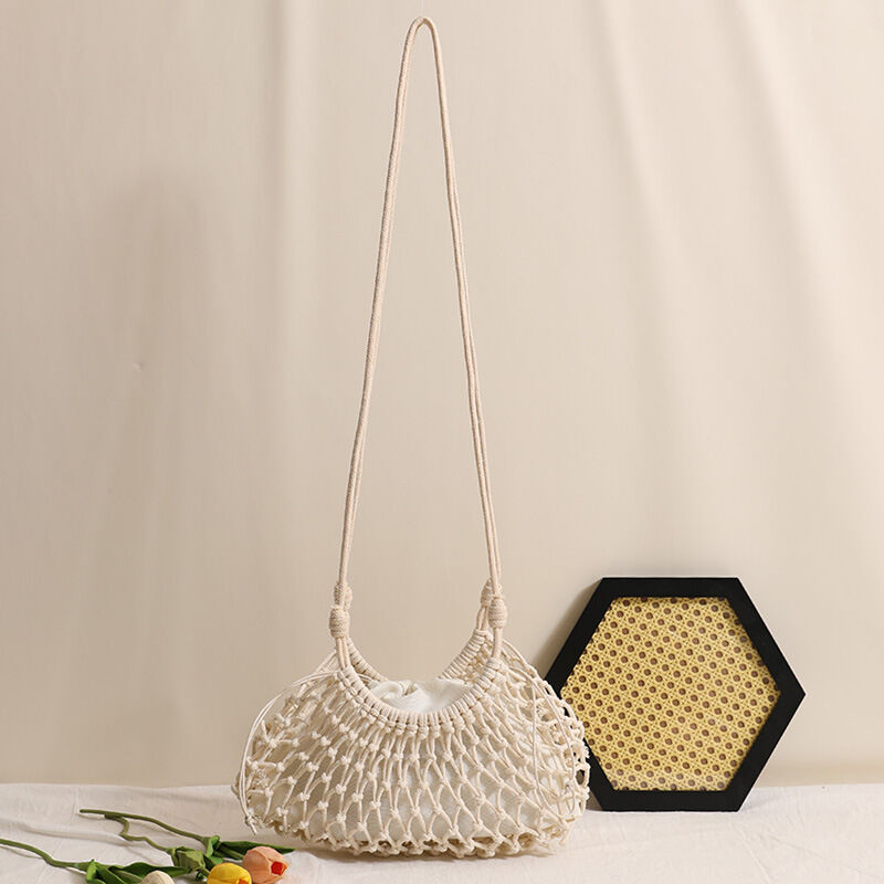 Vacation Style Woven Solid Color Hollowed-Out Woven Cotton Women's Round Bag h5Picture2