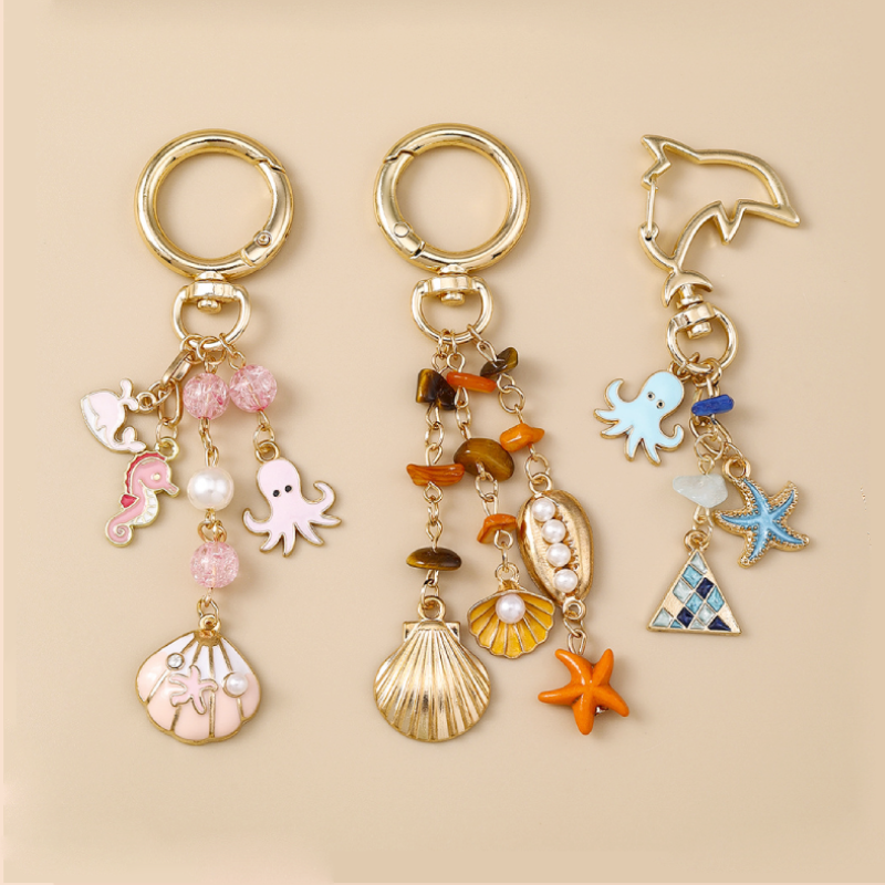 Romantic Series Cute Animal Cartoon Oceanic Style Beads Shell Starfish Geometric Shape Metal Women's Bag Charms