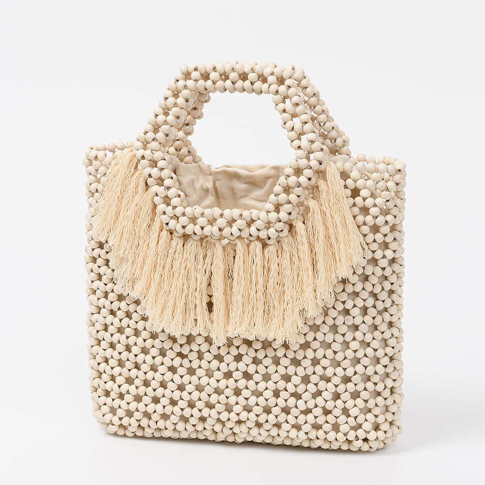 Vacation Style Tassel Woven Solid Color Tassel Beads Hollowed-Out Wood Women's Square Bag