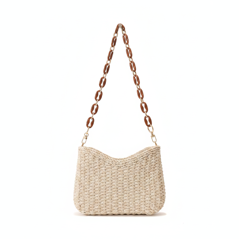 Casual stijl geweven vierkante tas van effen raffia met kettingdetails voor dames