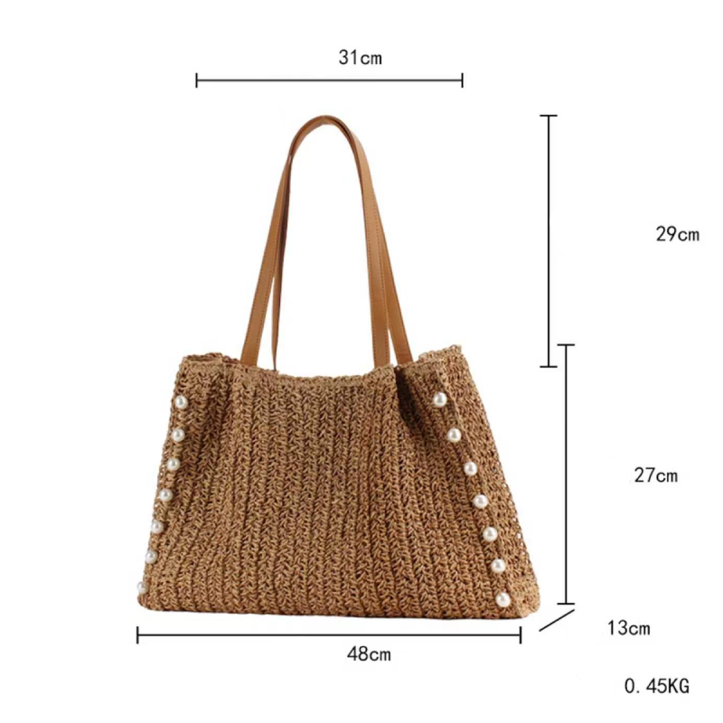 Vacation Style Pearl Embellishment Solid Color Woven Paper Women's Tote Bag 