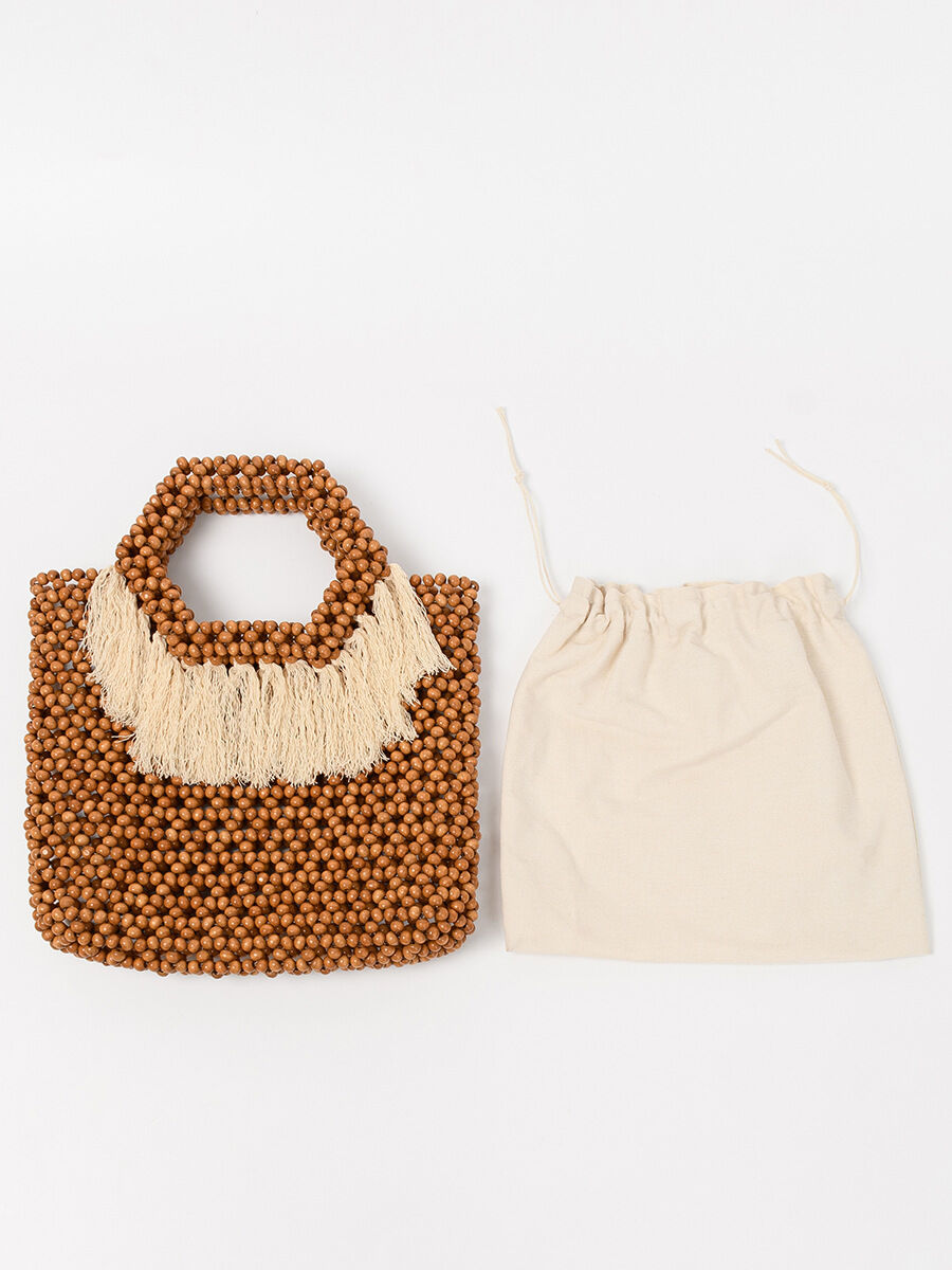 Vacation Style Tassel Woven Solid Color Tassel Beads Hollowed-Out Wood Women's Square Bag h5Picture6