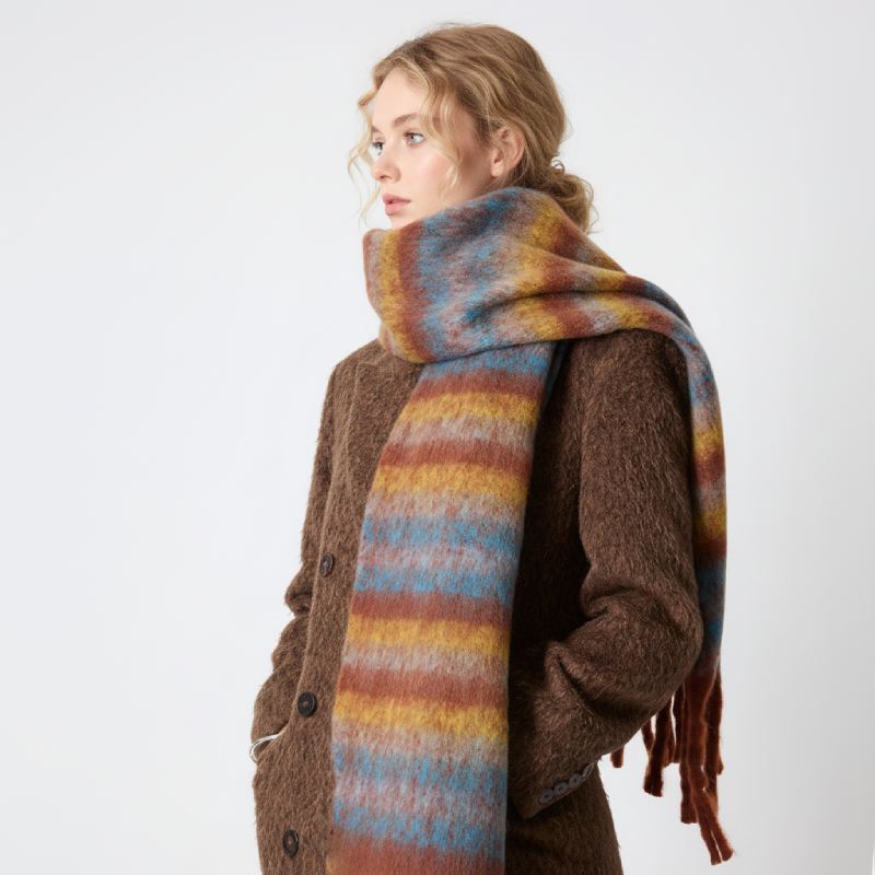 Simple Series Daily Stripe Tassel Mixed Color Gradient Color  Women's Winter Scarves