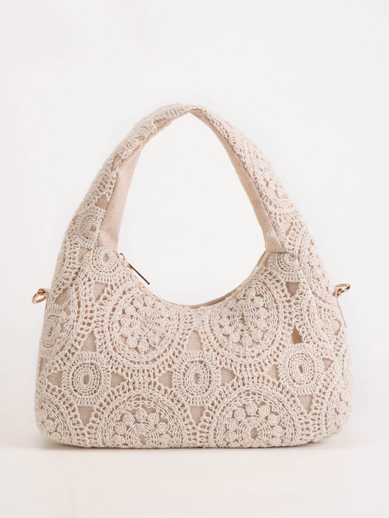 Parisian Chic Style Embroidered Solid Color Hollowed-Out Fabric Women's Underarm Bag