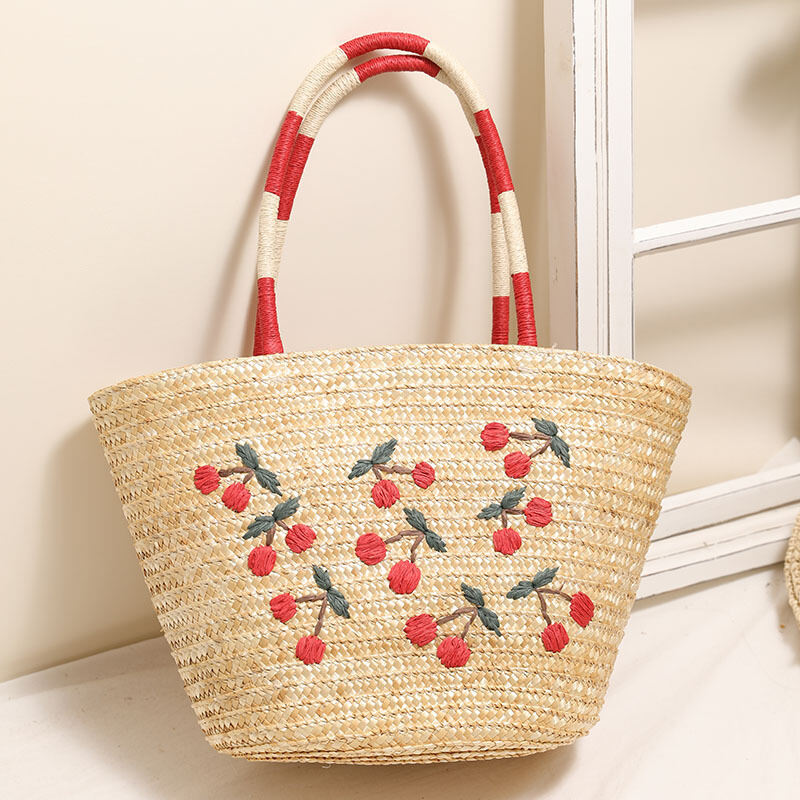 Vacation Style Woven Mixed Color Cherry Raffia Women's Trapezoid Bag 2