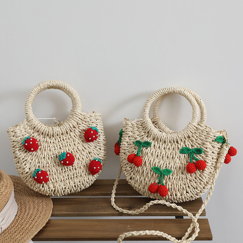 Vacation Style Woven Cherry Strawberry Woven Raffia Women's Round Bag Picture3