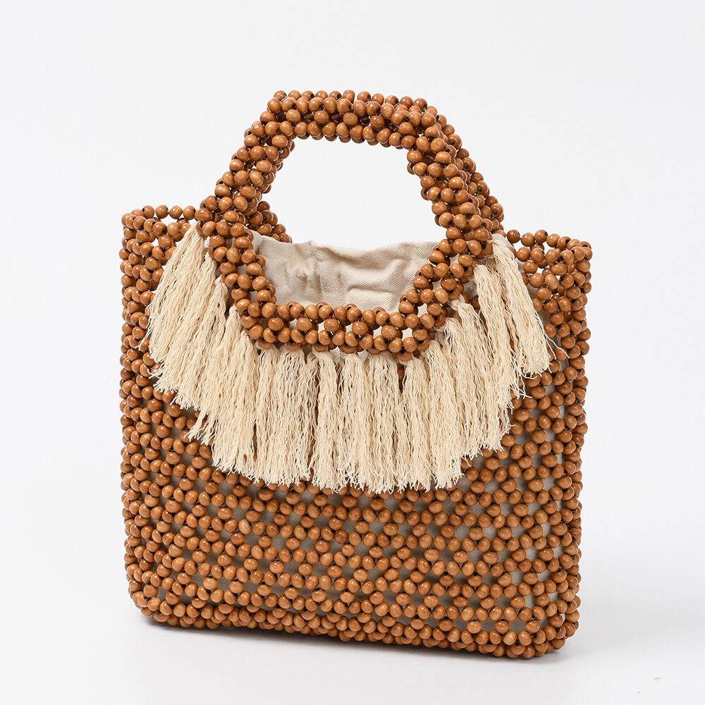 Vacation Style Tassel Woven Solid Color Tassel Beads Hollowed-Out Wood Women's Square Bag 2