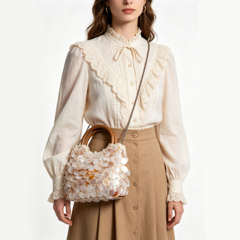 Casual Style Woven Sequin Solid Color Woven Shell Sea Shells Women's Round Bag h5Picture3