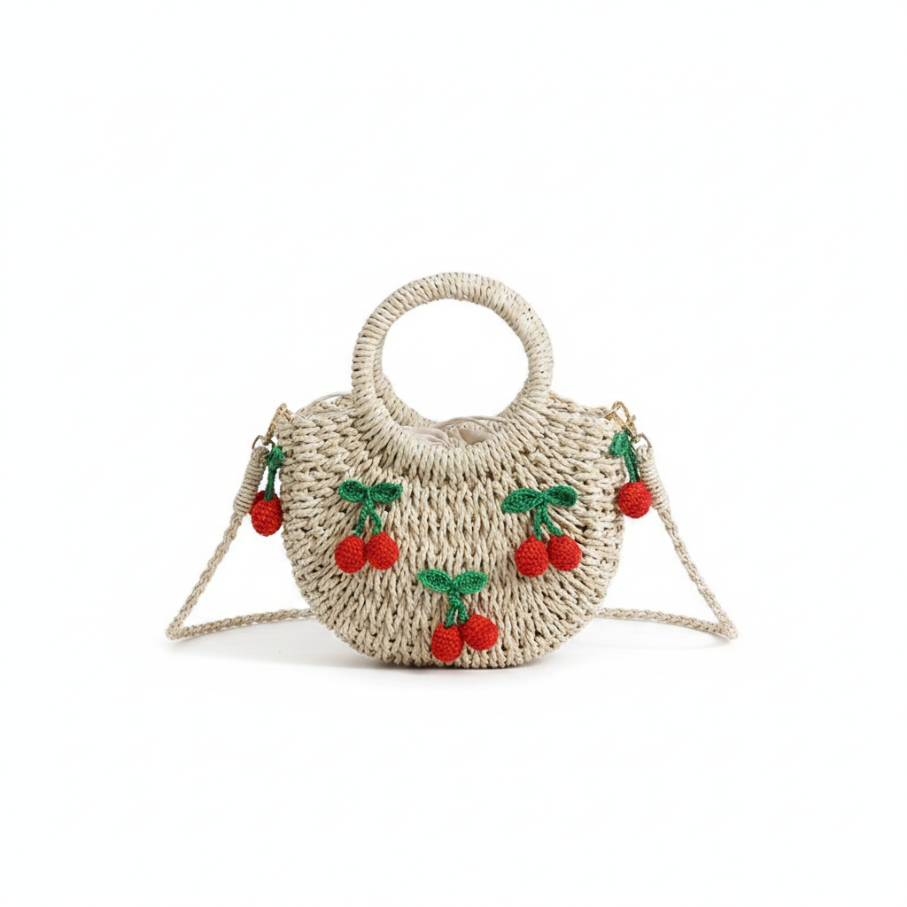 Vacation Style Woven Cherry Strawberry Woven Raffia Women's Round Bag