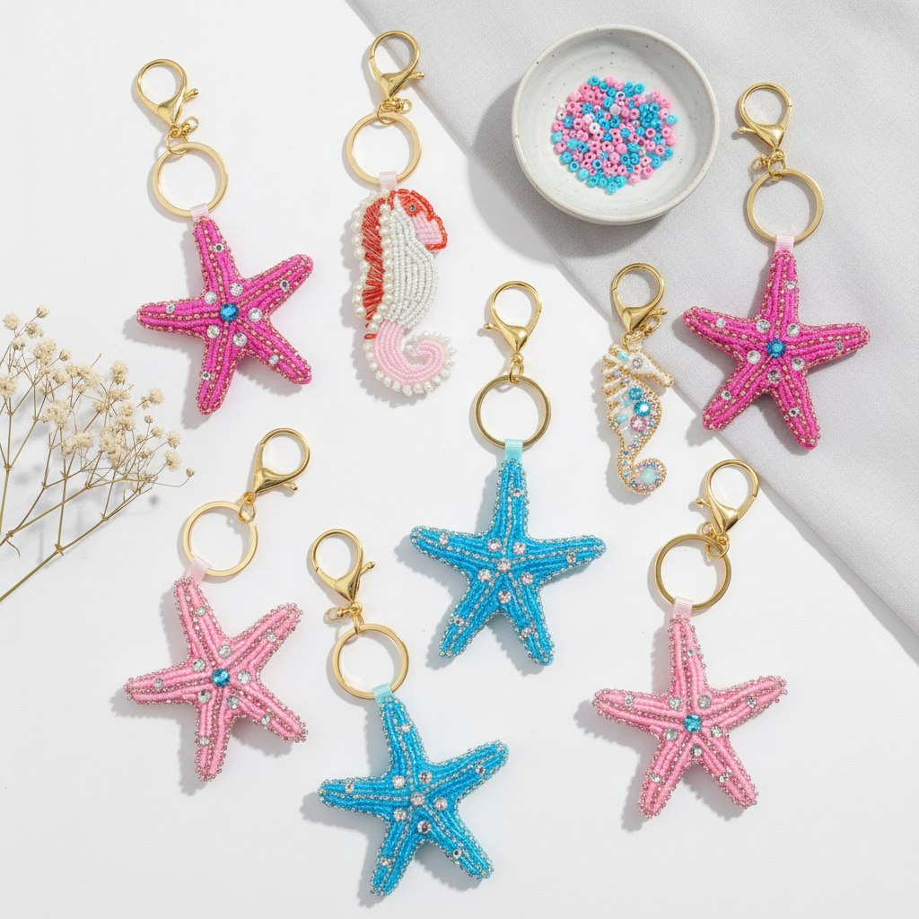 Romantic Series Vacation Animal Oceanic Style Beads Starfish Resin Keychain