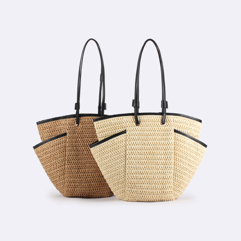 Borsa trapezoidale da donna in rafia intrecciata a tinta unita, stile casual.