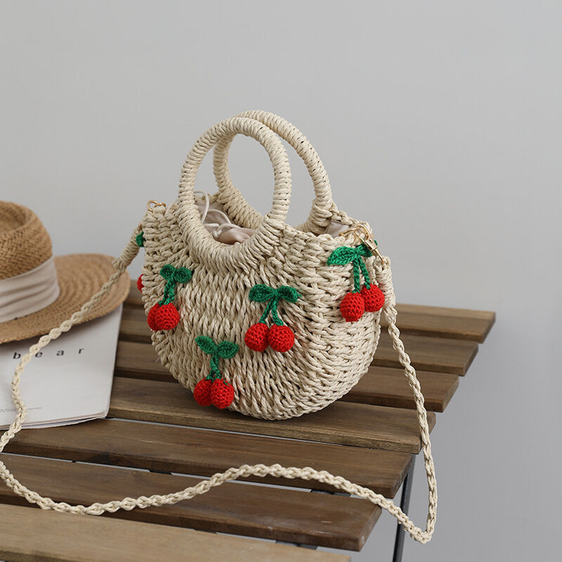 Vacation Style Woven Cherry Strawberry Woven Raffia Women's Round Bag h5 Picture4