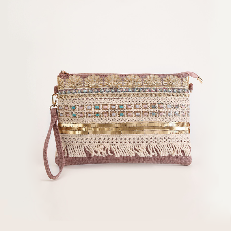 Boho Style Embroidered Studded Tassel Woven Tassel Rivet Premium Quality Pu Women's East-west Bag