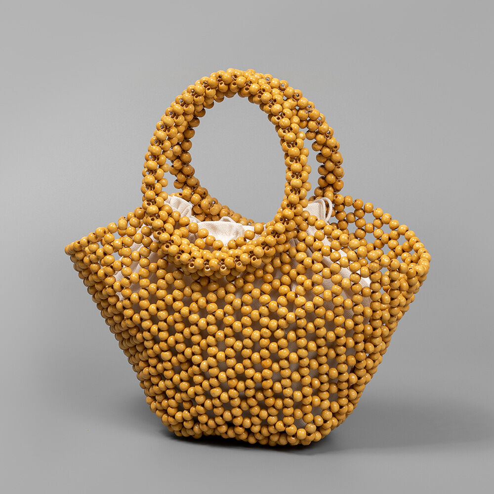 Vacation Style Woven Solid Color Beads Hollowed-Out Wood Women's Trapezoid Bag 2