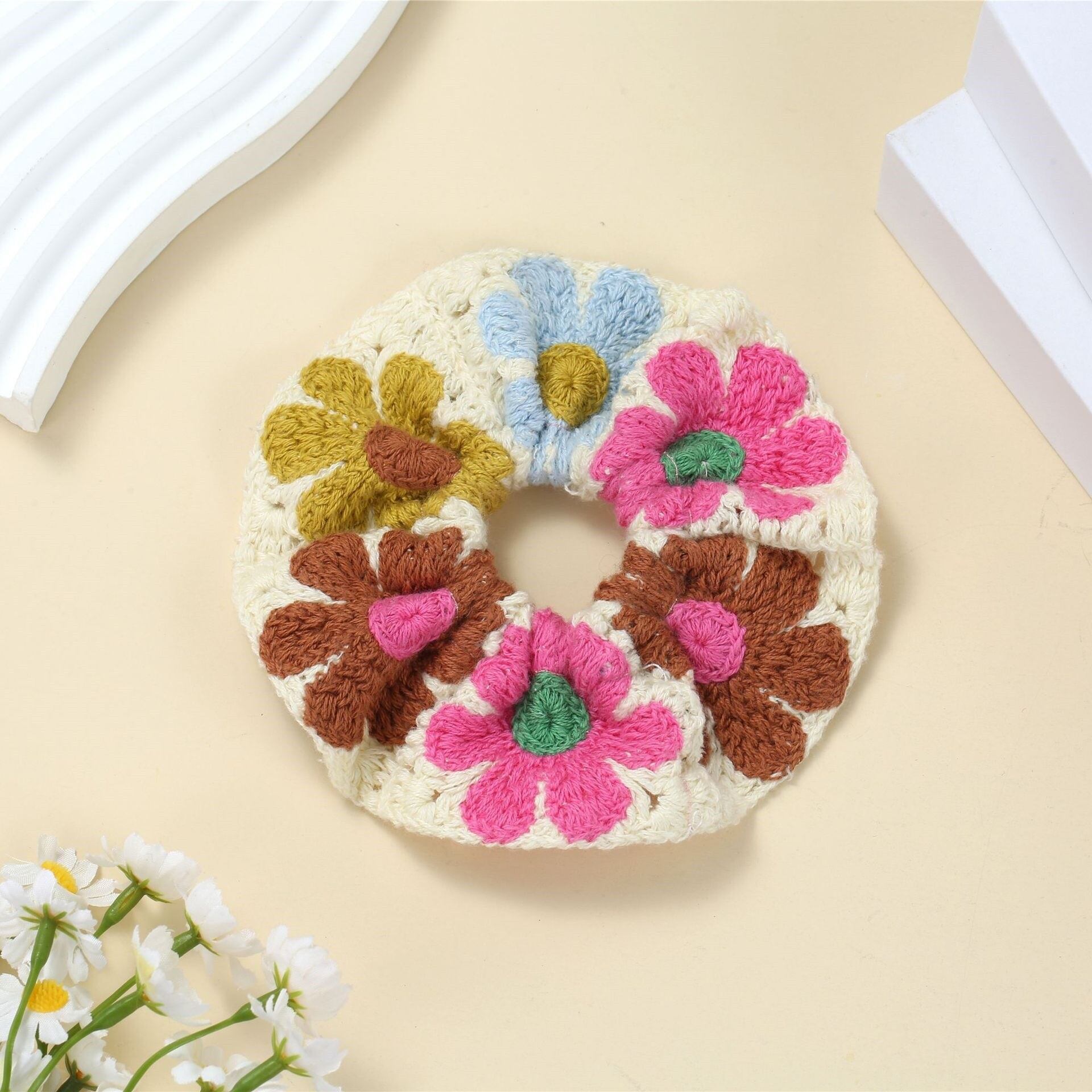 Ethnic Series Sweet Flower Patchwork Mixed Color Woven Geometric Shape Fabric Scrunchies h5Picture2