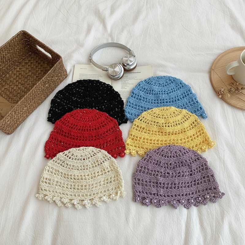 Cappello Simple Series Daily in tinta unita, traforato, in cotone intrecciato con perline e nappina, tessuto a mano. 2