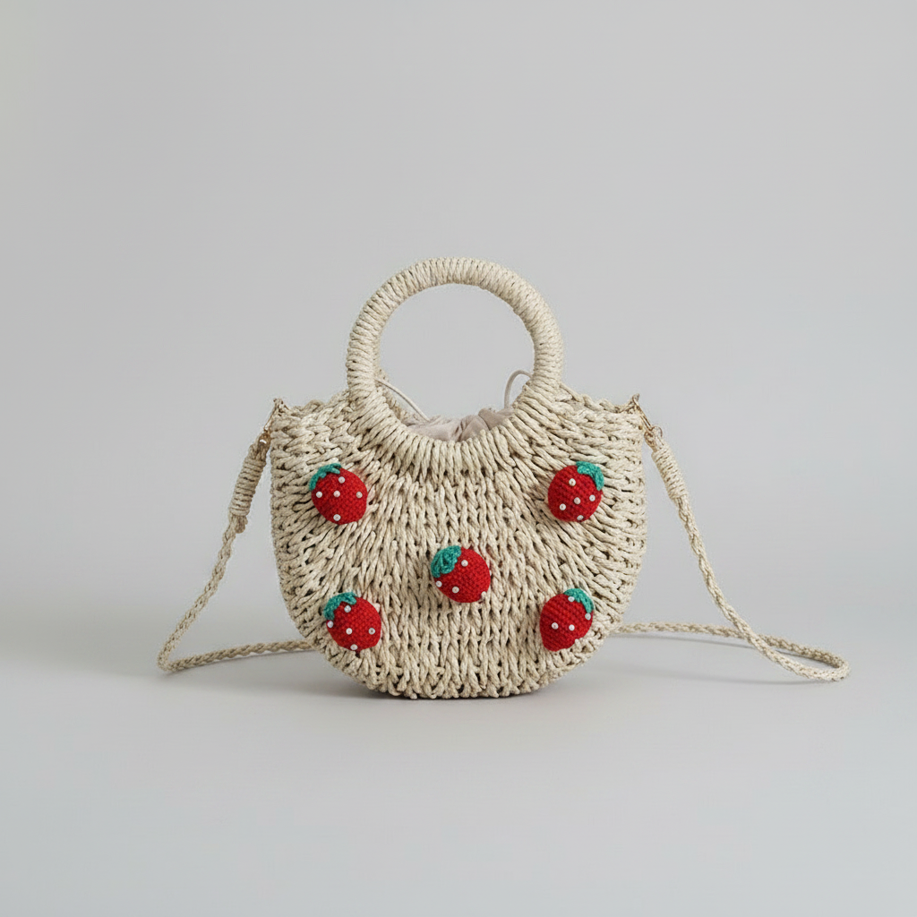 Vacation Style Woven Cherry Strawberry Woven Raffia Women's Round Bag h5 