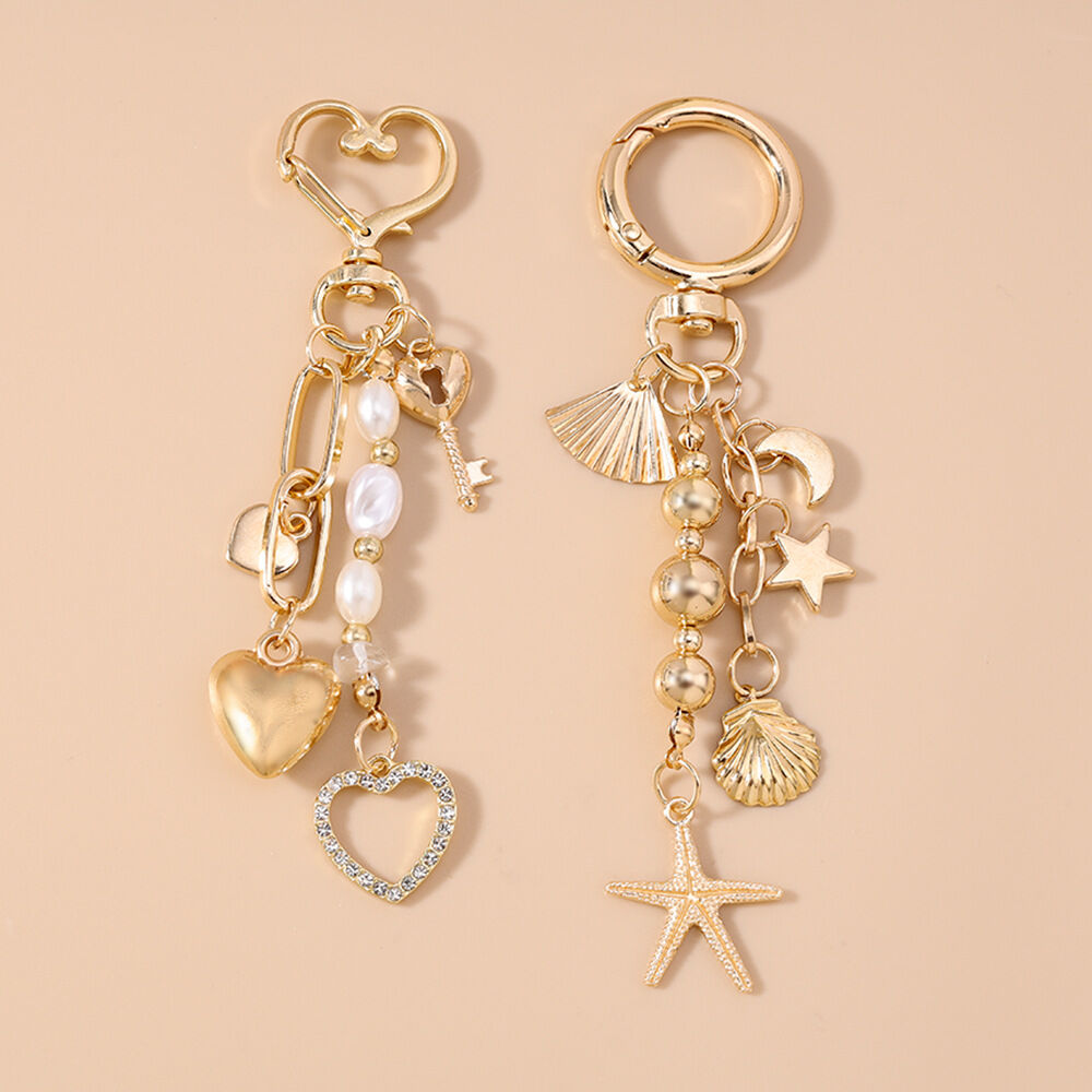 Portachiavi in lega Simple Series Daily Heart con perline in stile oceanico, conchiglia a forma di luna e stella marina.