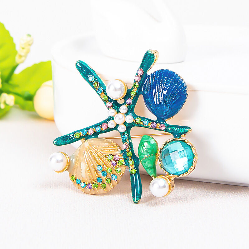 Luxurious Series Bohemian Oceanic Style Shell Starfish Alloy Rhinestone Artificial Pearl Brooches h5 Picture2