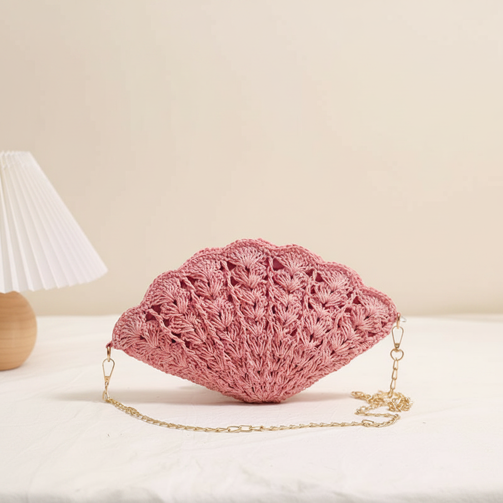 Vacation Style Woven Solid Color Oceanic Style Hollowed-Out Chain Woven Shell Raffia Women's Round Bag
