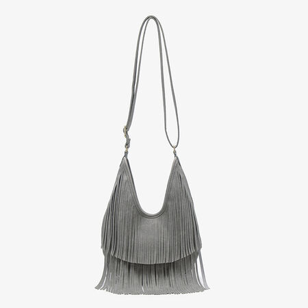 Runde Damentasche im Boho-Stil mit Quasten, einfarbig, aus Leder 2