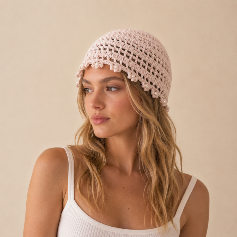 Simple Series Daily Solid Color Hollowed-Out Woven Cotton Beaded Tassel Hand-woven Hat h5Picture3
