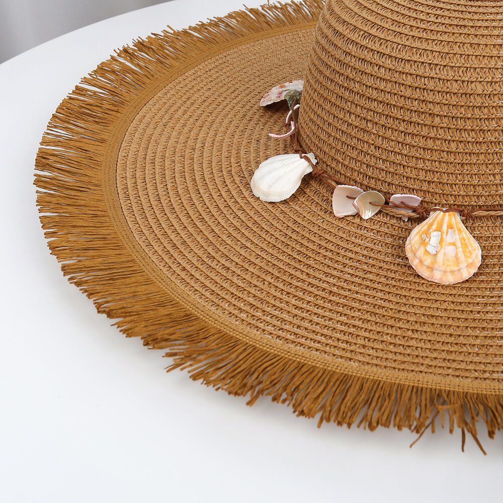 Simple Series Vacation Solid Color Oceanic Style Woven Shell Raffia Women's Straw Hats h5Picture3