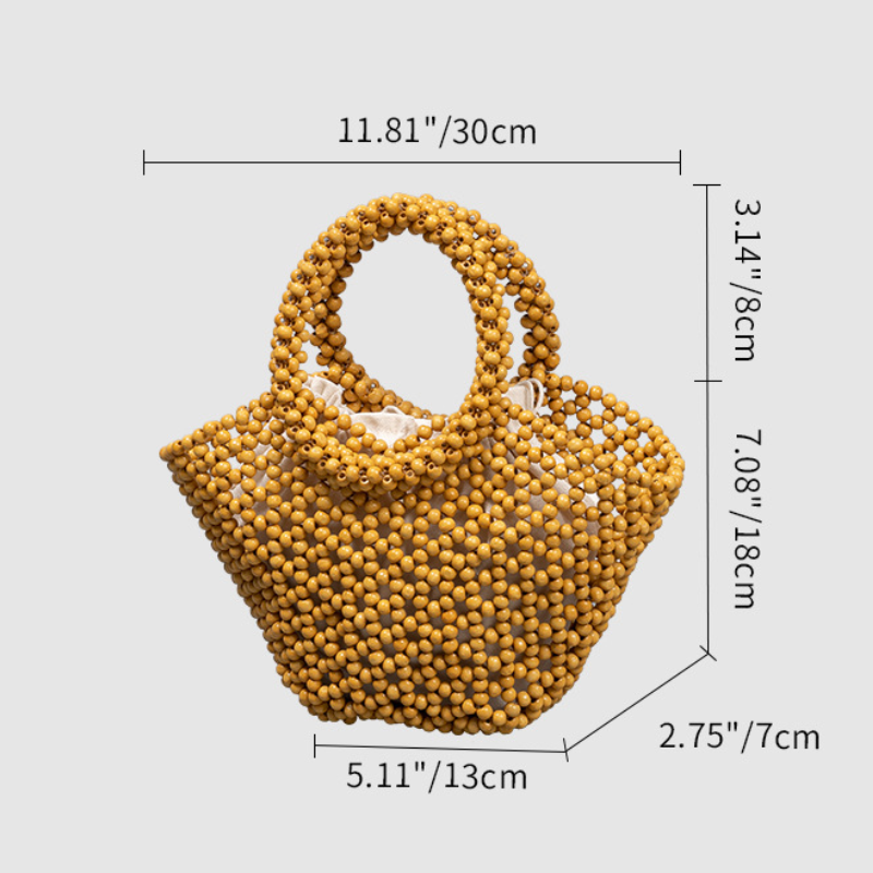 Vacation Style Woven Solid Color Beads Hollowed-Out Wood Women's Trapezoid Bag 