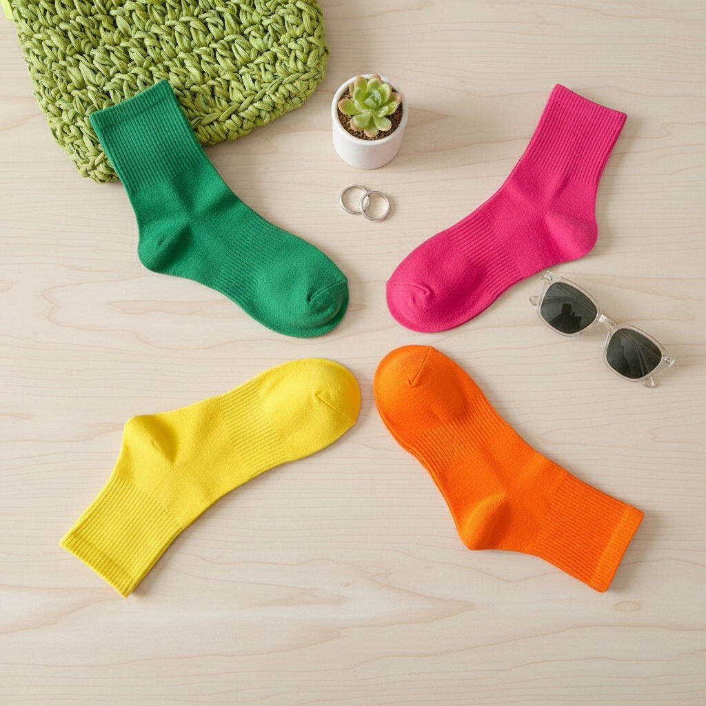 Orangefarbene, bonbonfarbene, wadenhohe Socken aus reiner Baumwolle, die zu jedem Outfit passen
