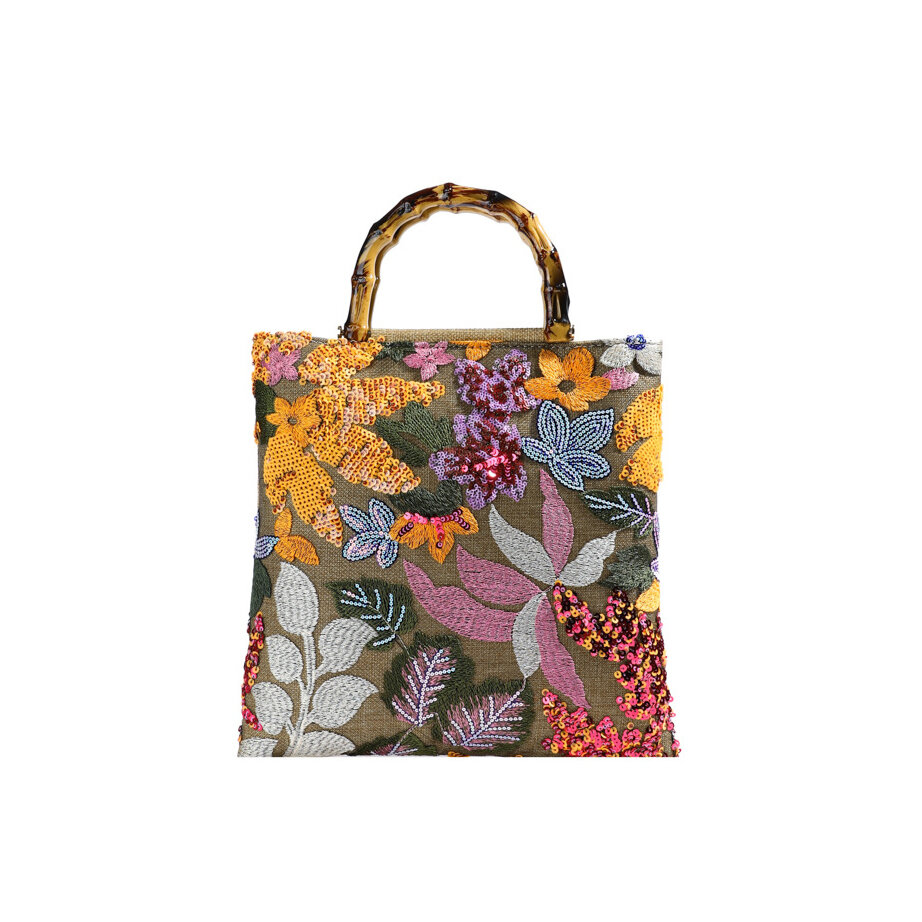 Romantische, elegante Damenhandtasche aus Baumwolle mit Pailletten- und Perlenblumenmuster (Blumenmuster werden zufällig zugeschnitten) h5Bild2