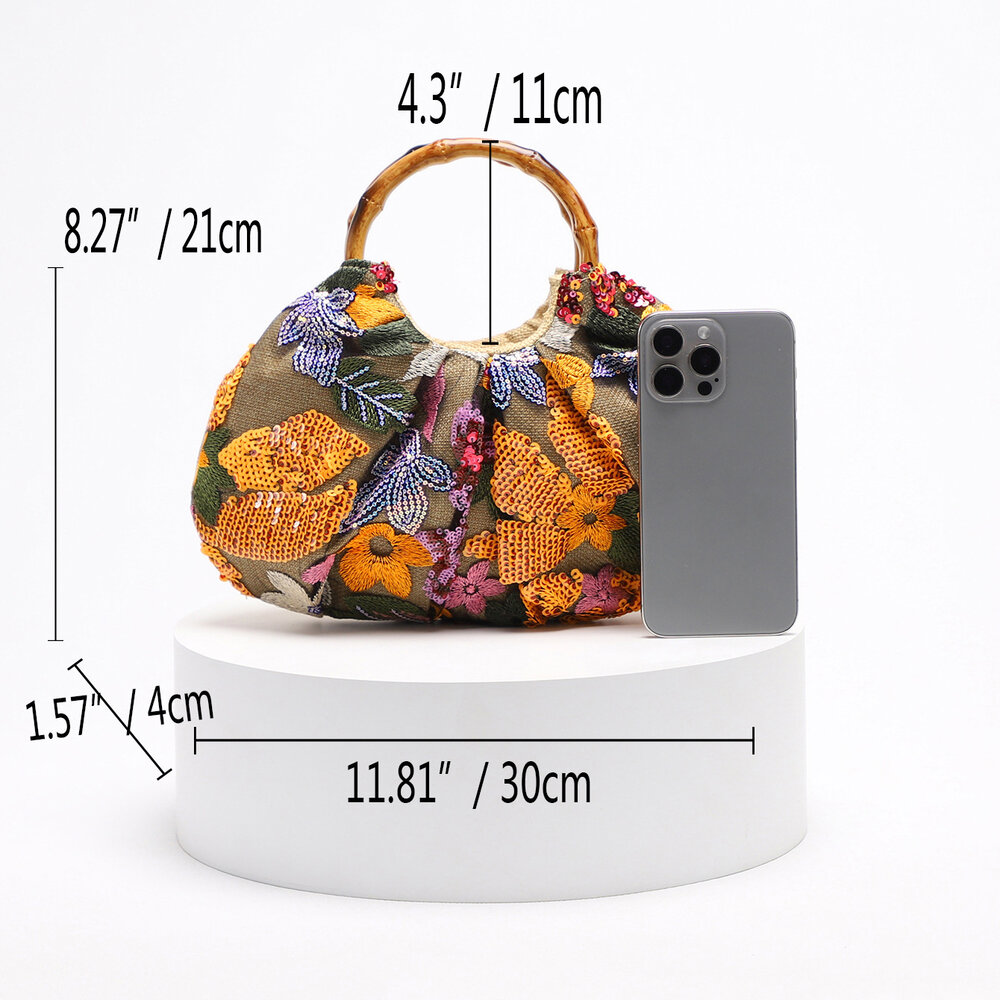Luxuriöse Serie Elegante Damenhandtasche mit Bambusgriff und Blumenperlen (Blumenmuster werden zufällig zugeschnitten) h5Bild5