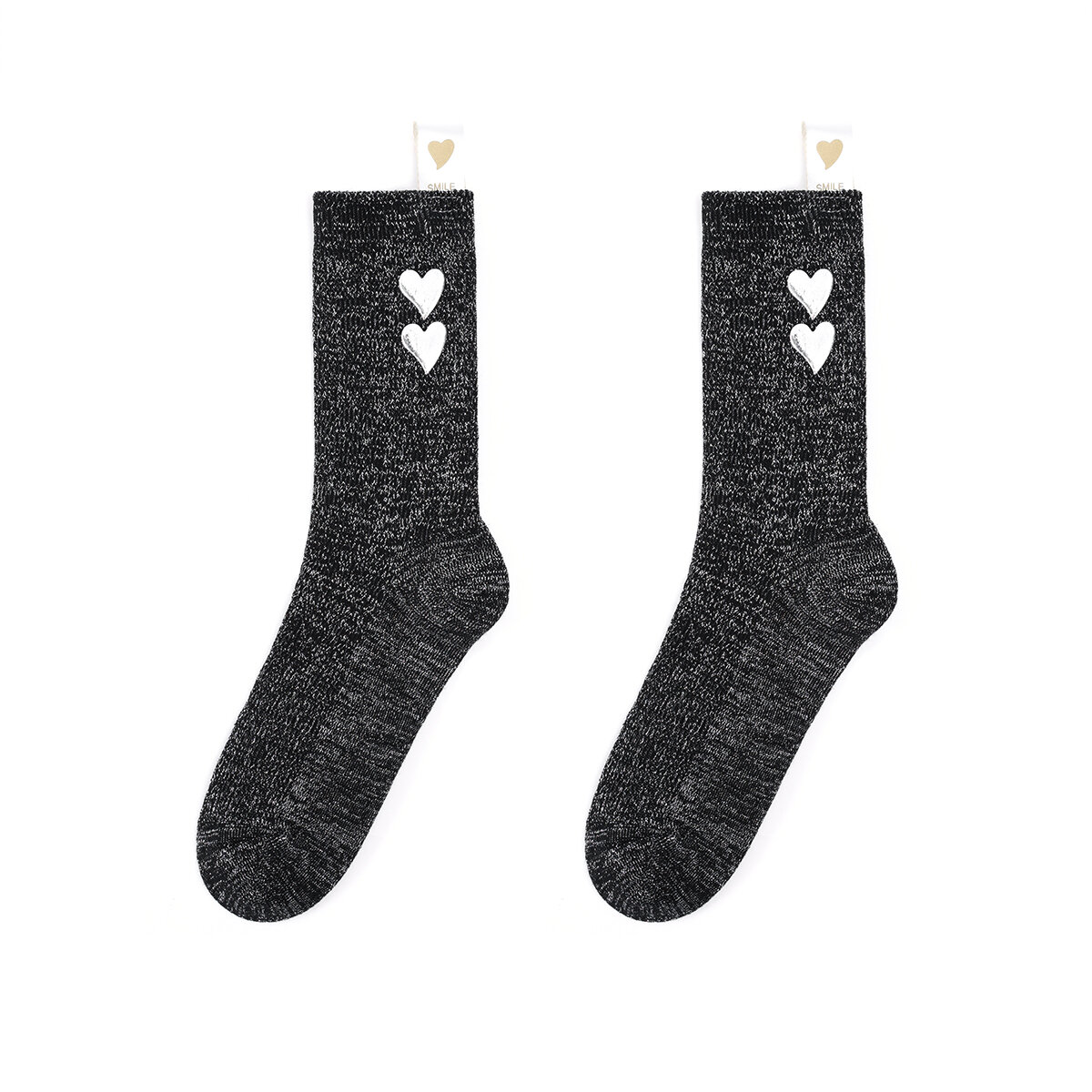 Modische, herzförmige, aus reiner Baumwolle gestrickte Damensocken mit silbernem Faden in Wadenlänge h5