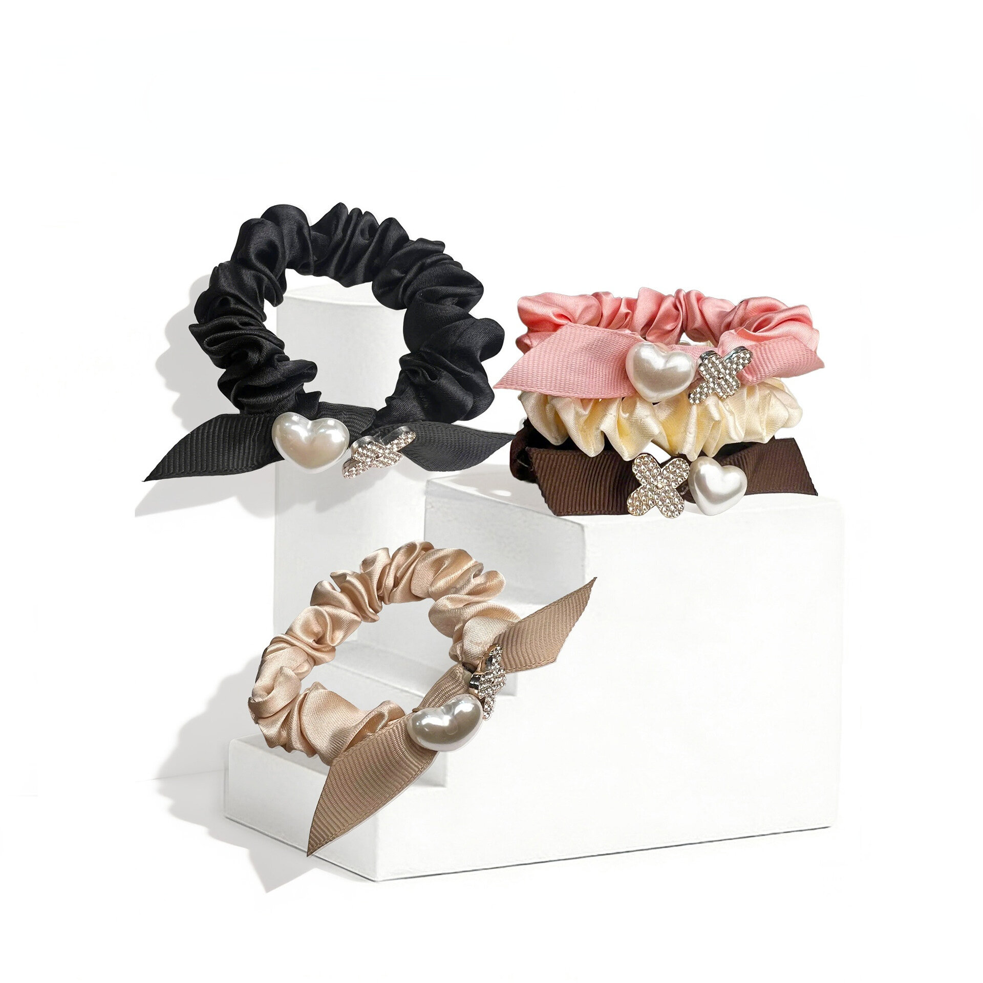 Romantic Series Sweet Heart Bow Knot Fabric Women's Scrunchies