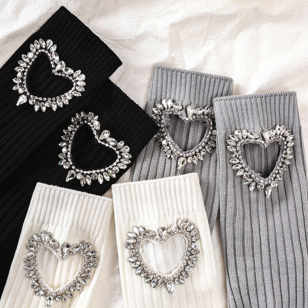 Calzini da donna in puro cotone lavorato a maglia con cuore cavo tempestato di strass di lusso leggero h5Immagine2