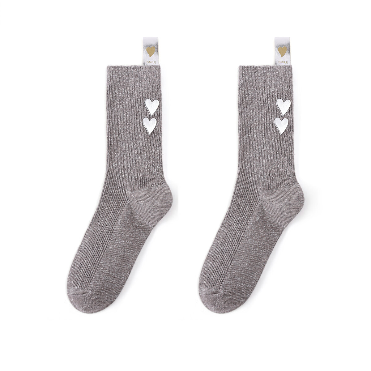 Modische, herzförmige, aus reiner Baumwolle gestrickte Damensocken mit silbernem Faden in Wadenlänge h5Bild3