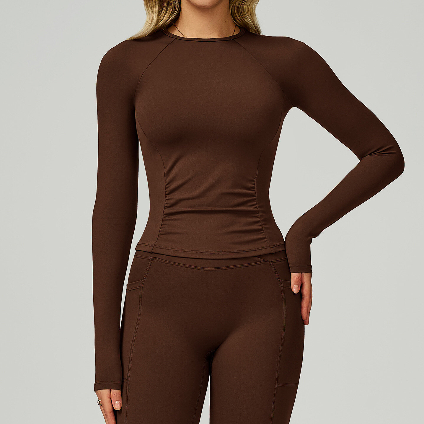 1 Piece Solid Color Round-Neck Long Sleeve Fitted Yoga Sports Top h5Picture2