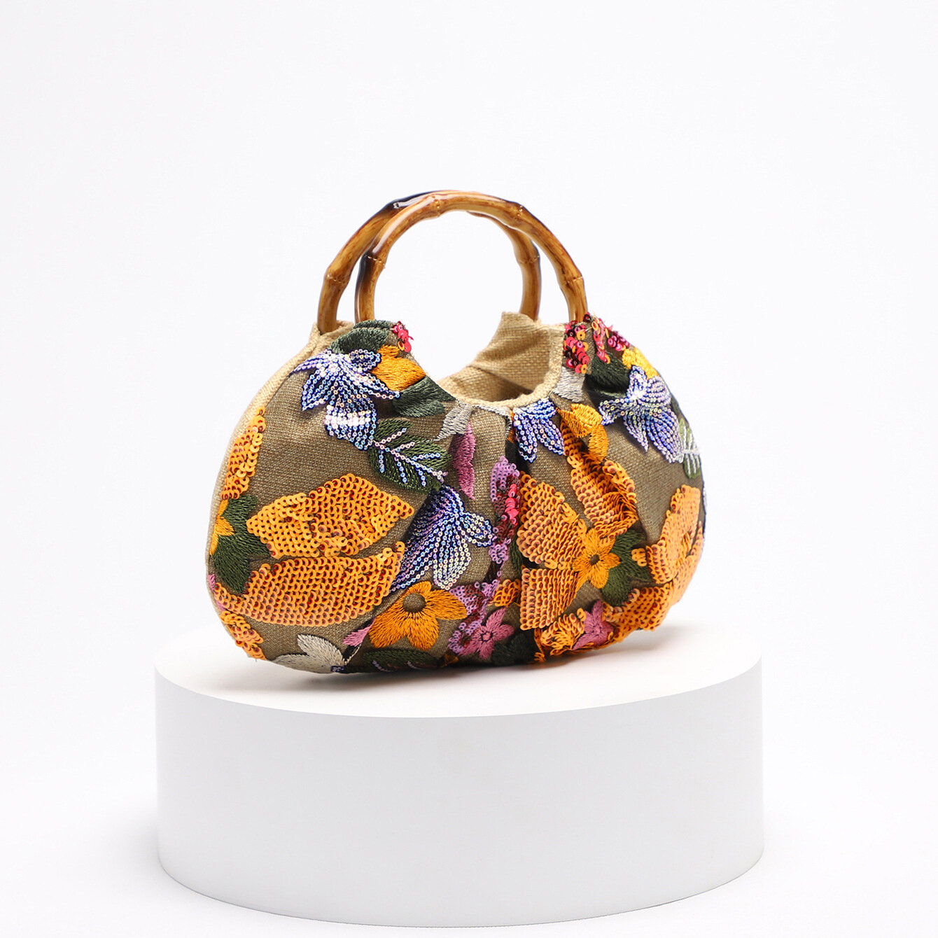Luxuriöse Serie Elegante Damenhandtasche mit Bambusgriff und Blumenperlen (Blumenmuster werden zufällig zugeschnitten) h5Bild2