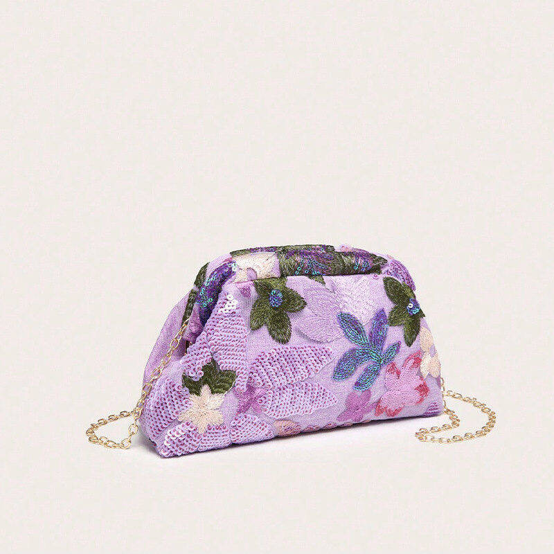 Bolso de mano para mujer con forma de almohada, bordado con lentejuelas y flores.