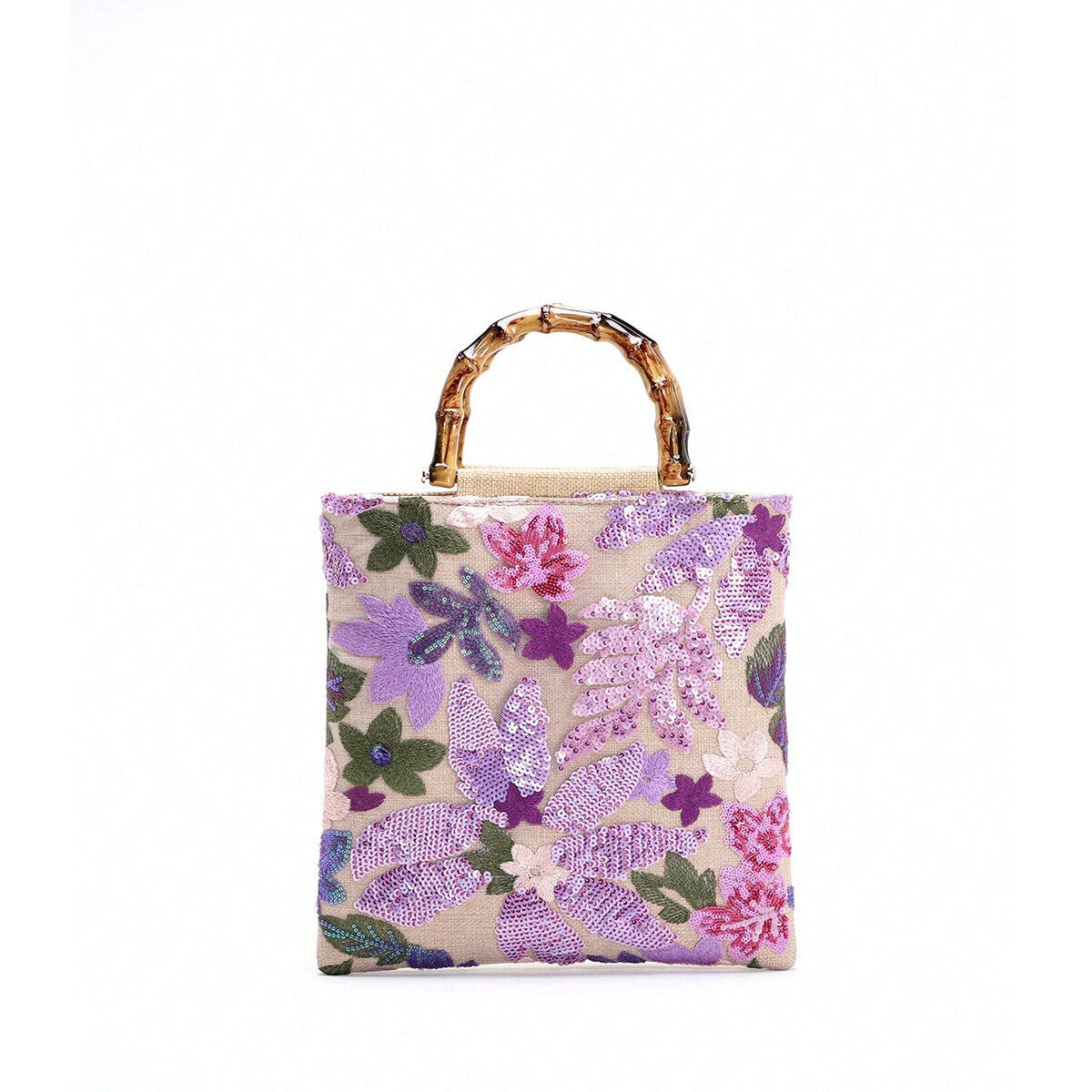 Romantische, elegante Damenhandtasche aus Baumwolle mit Pailletten- und Perlenblumenmuster (Blumenmuster werden zufällig zugeschnitten)